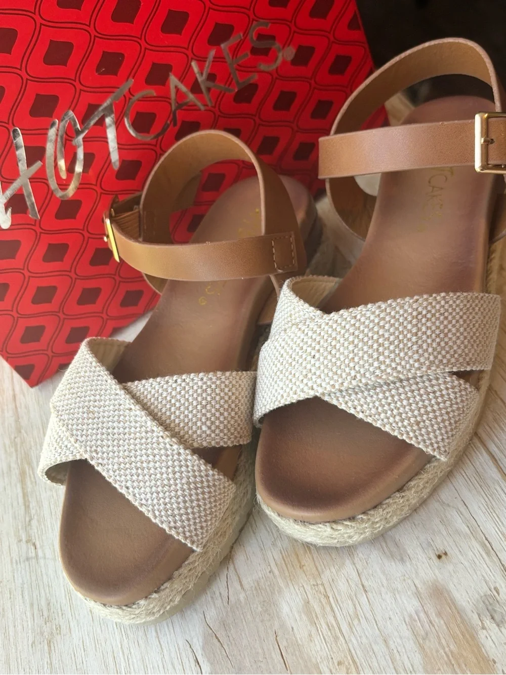 Hot Cakes Cream Woven Espadrille Sandals with Tan Ankle Strap
